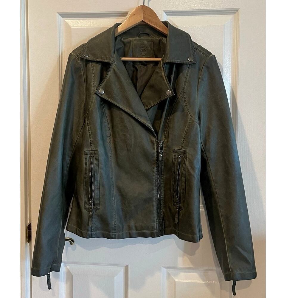 Max Studio Women's Washed Faux Leather Zip Moto Jacket Olive Green Size M